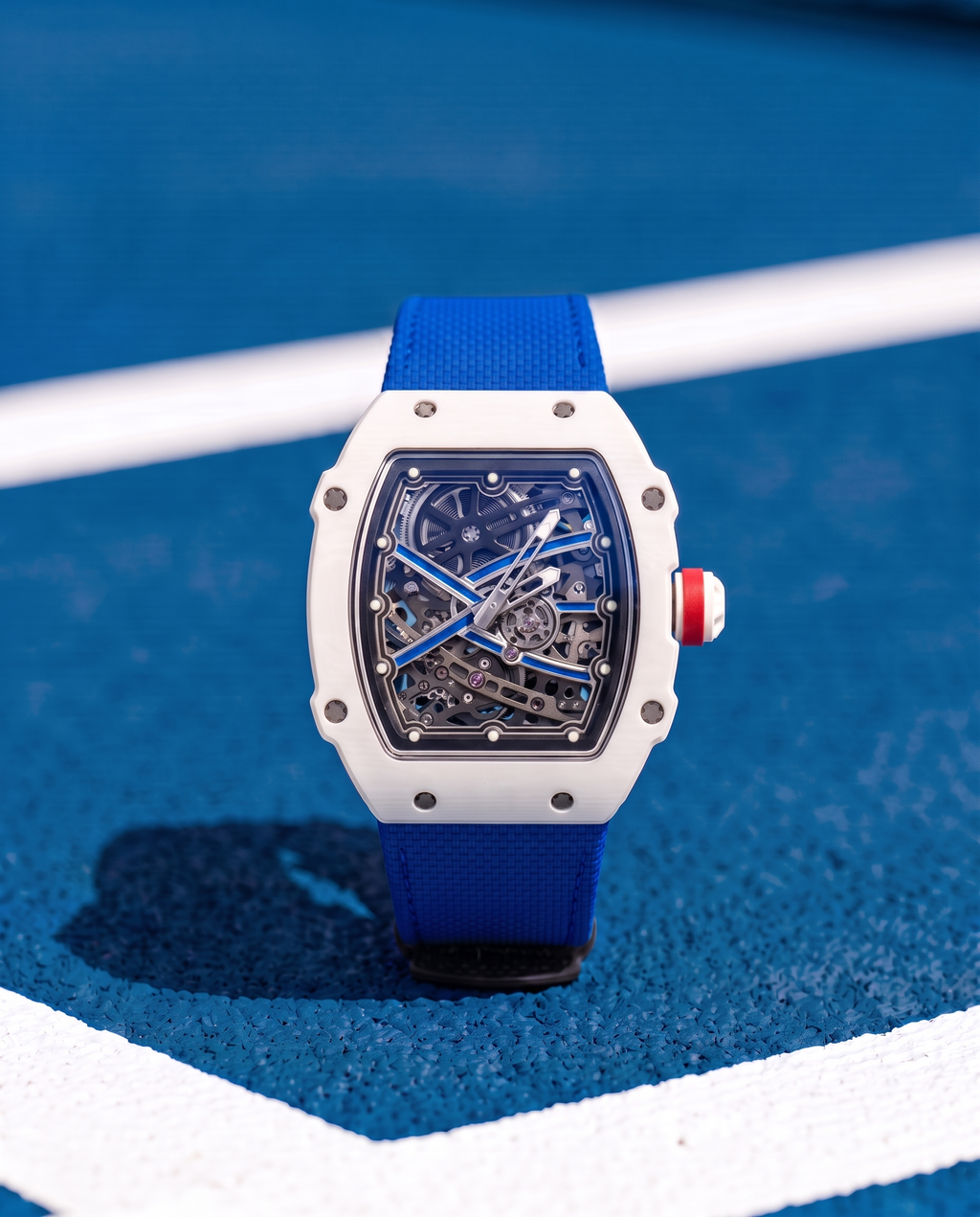 Skeleton Automatic Watch – White Case Cobalt Blue Edition