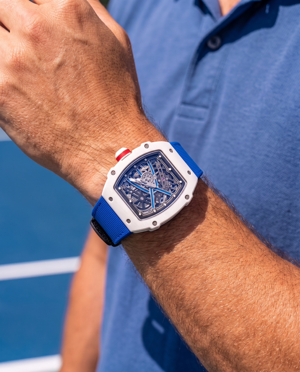 Skeleton Automatic Watch – White Case Cobalt Blue Edition